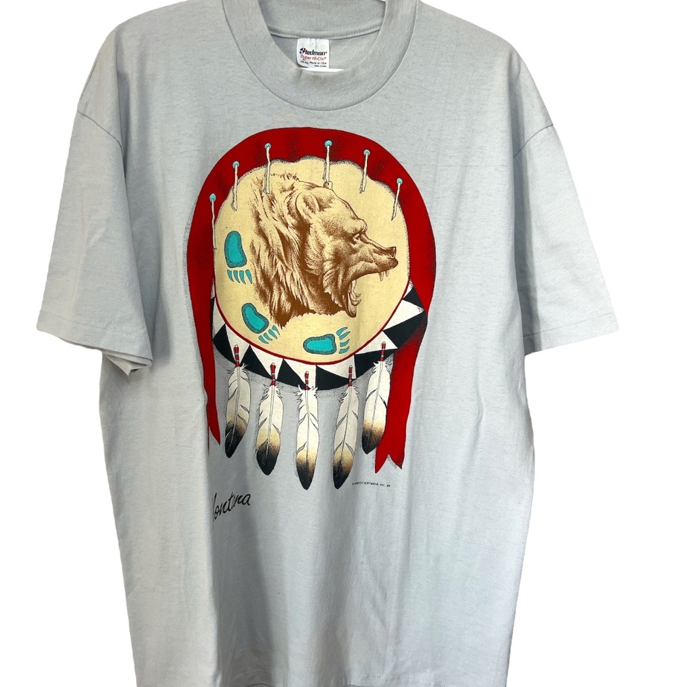 Vintage 1989 Native Tribal Design Montana Bear Feathers T Shirt XL